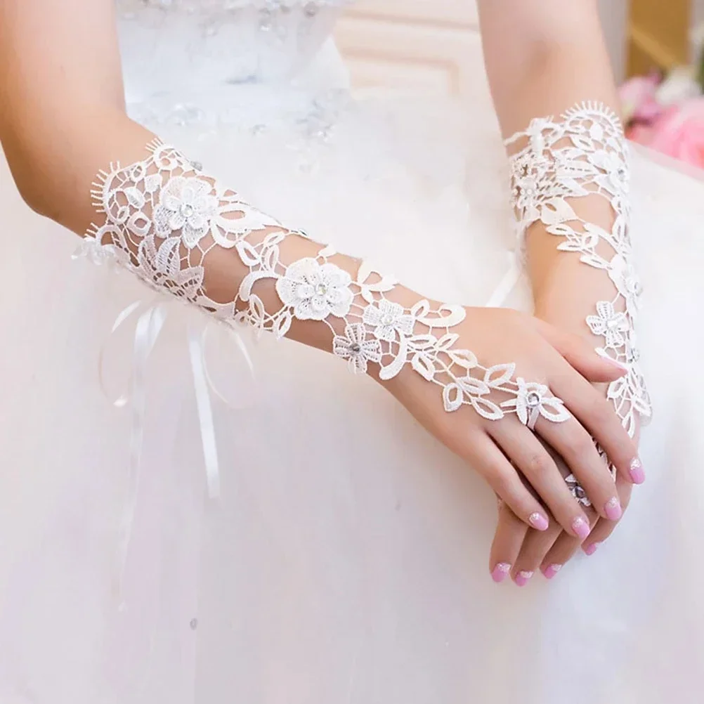 Long Lace Bridal Gloves Lady Formal Banquet Gloves For Bride Evening Party White Guantes Novia