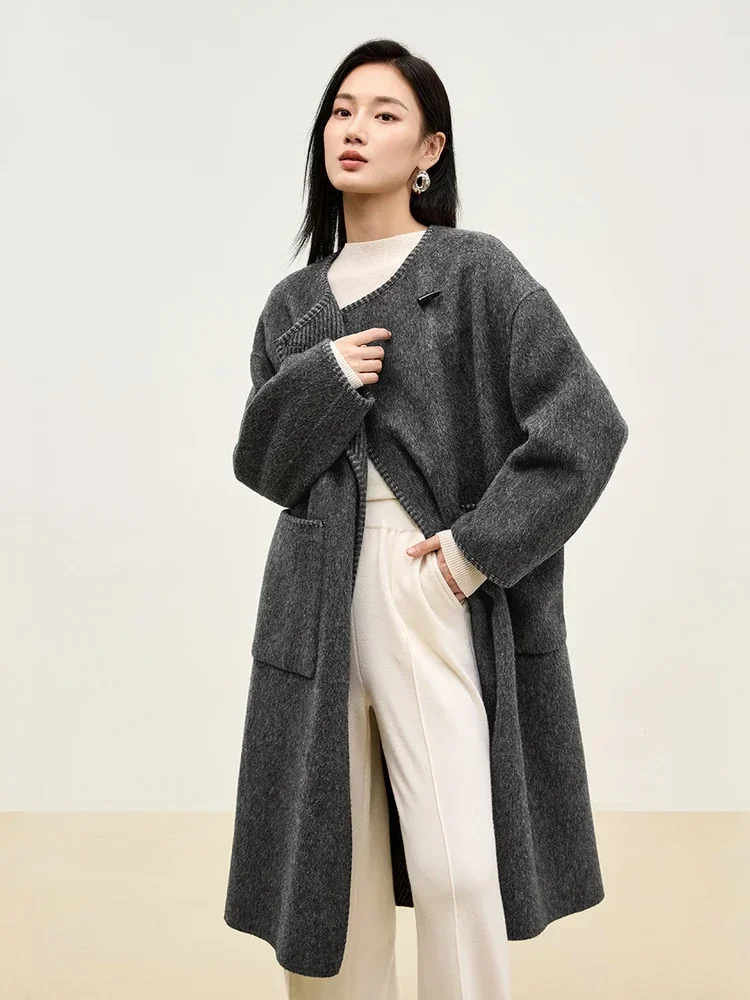 SENTUBILA Korean Style Woolen Coat Women 2024 Winter Warm Double Sided Oversized Mid-length Outwear with Tassel Scarf W44O56117