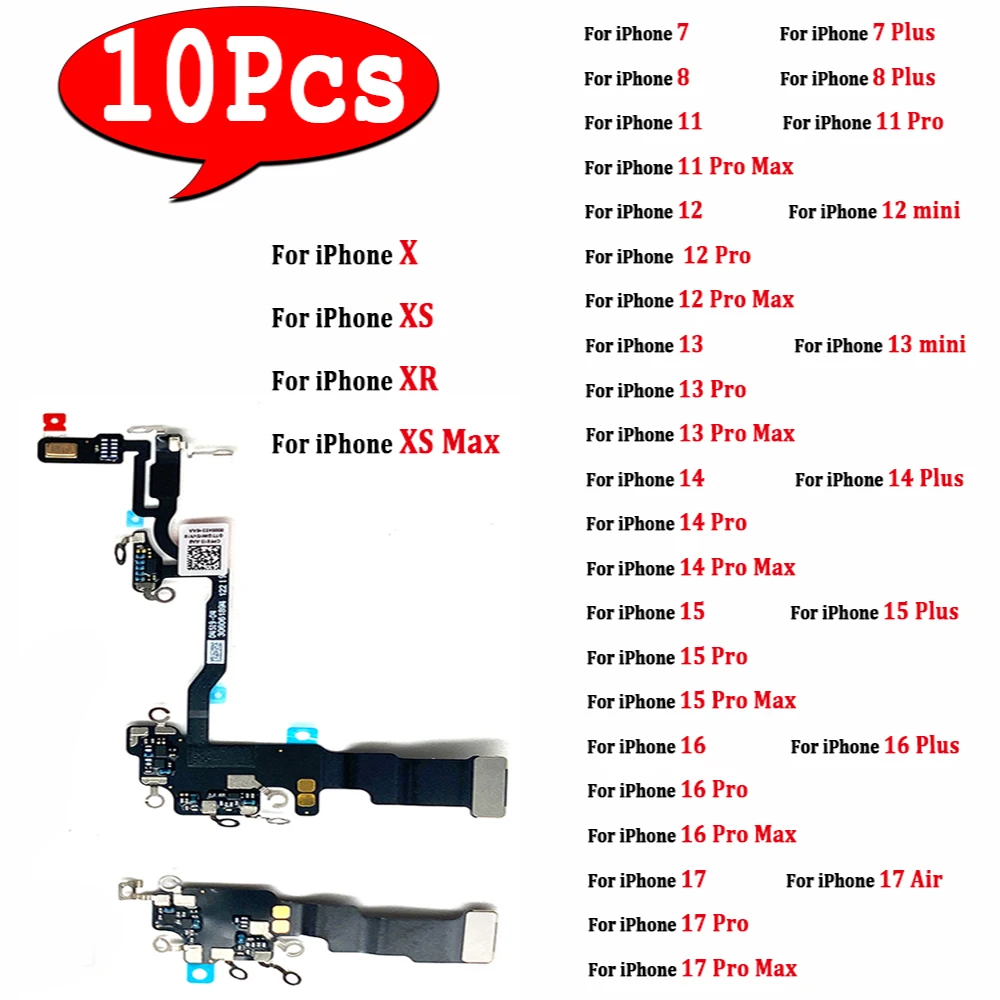 10Pcs，Wifi Bluetooth Signal Antenna GPS Flex Cable Replacement For iPhone 7 8 11 12 mini 13 Pro 14 Plus 16 17 Air X XR XS Max