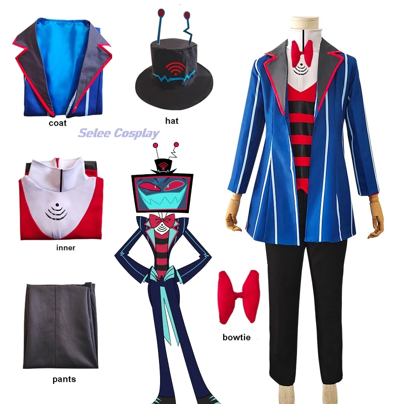 

Mr. Vox Anime Hazbin Vox Cosplay Costume Hat Suit Clothes Clothes Voxy Uniform Hotel Unisex Cosplay Halloween Party Mens Suit