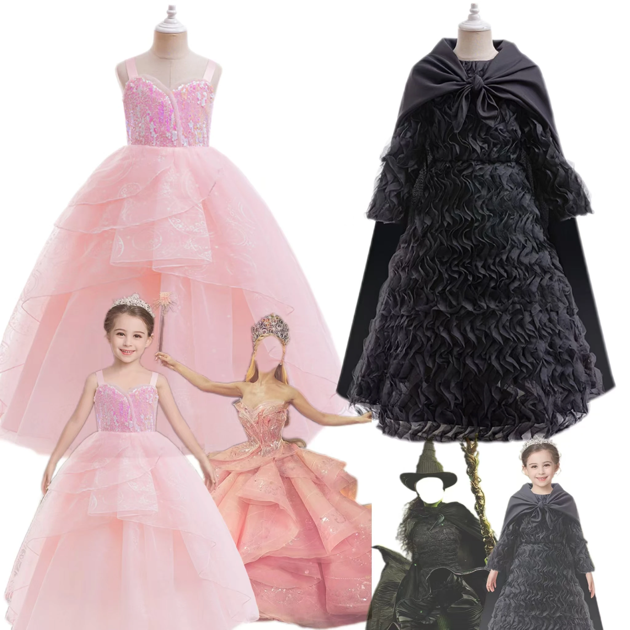 Wicked Glinda Elphaba Cosplay Costume For Little Girls Year 8-12 Disguise Halloween Carnival Party Outfits