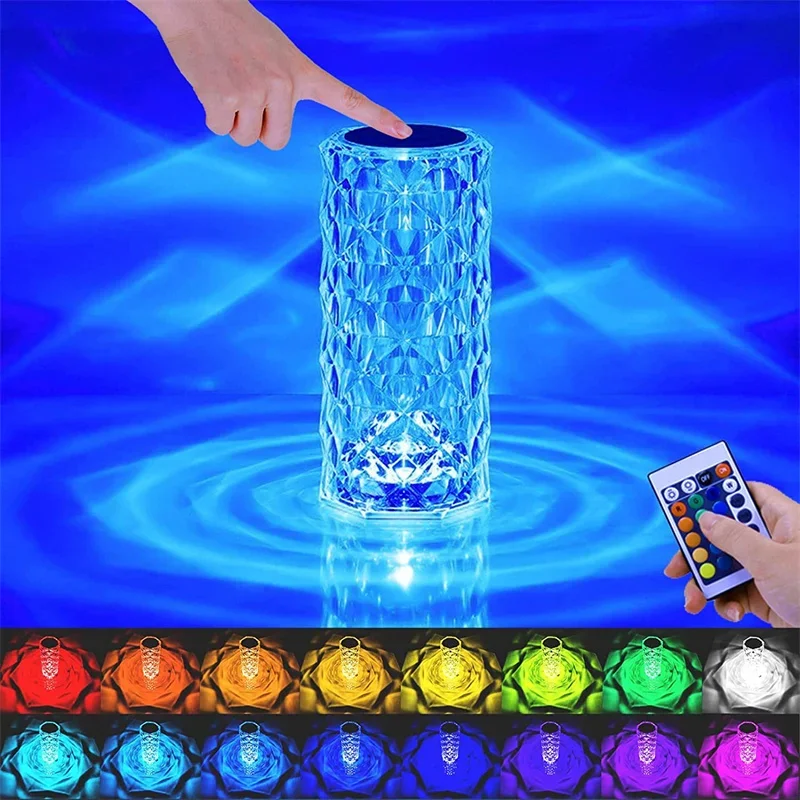 LED Crystal Table Lamp Rose Light Projector 3/16 Colors Touch Night Light Romantic Diamond Atmosphere Light USB Home Bar Decor