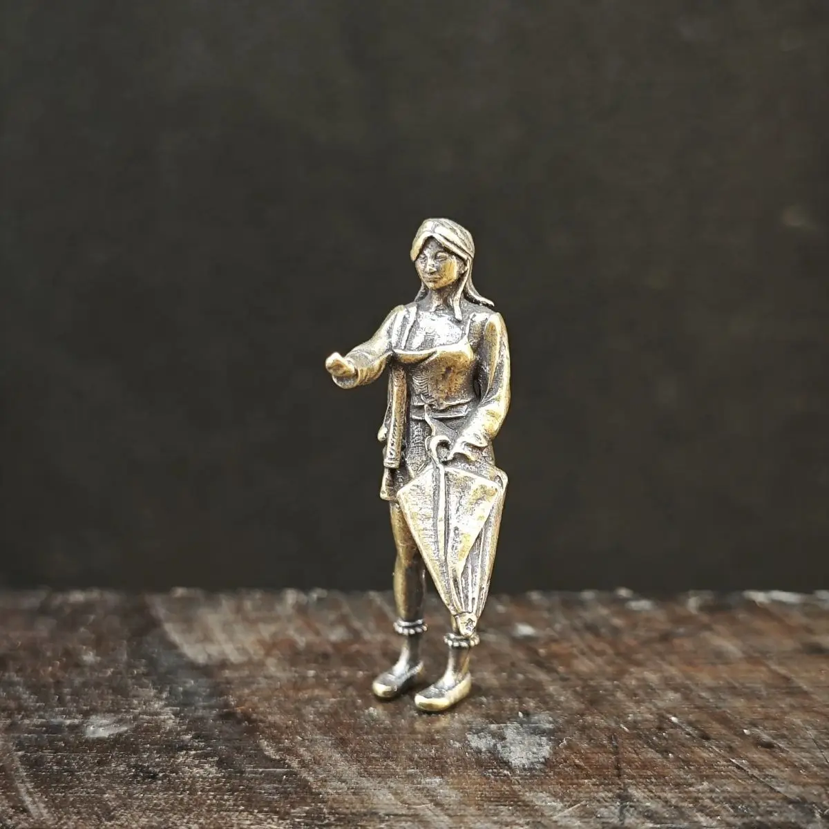 

Brass Miniature Figurine, Artistic Elegant Beauty with Umbrella, Micro Landscape Model Desk Ornament, Home Decor Collectible