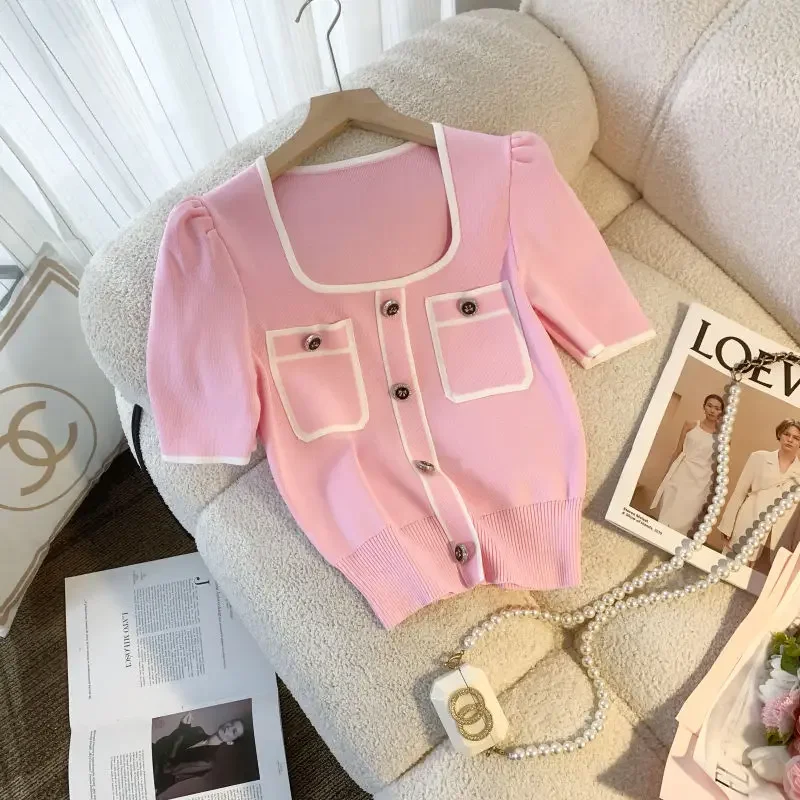 

White Black Pink Knitted Pullover Women Summer Knit T-shirt Short Sleeve Buttons Pocket Design Slim Tops Chic Tees Square Neck
