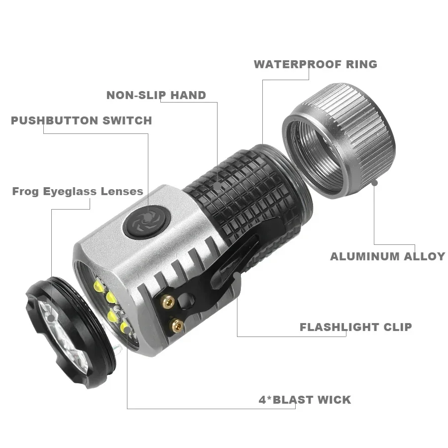 Mini Flashlight Type-c Rechargeable EDC 4 LED Pocket Torch with Tail Magnet Outdoor Camping Emergency Lamp 18350 Battery