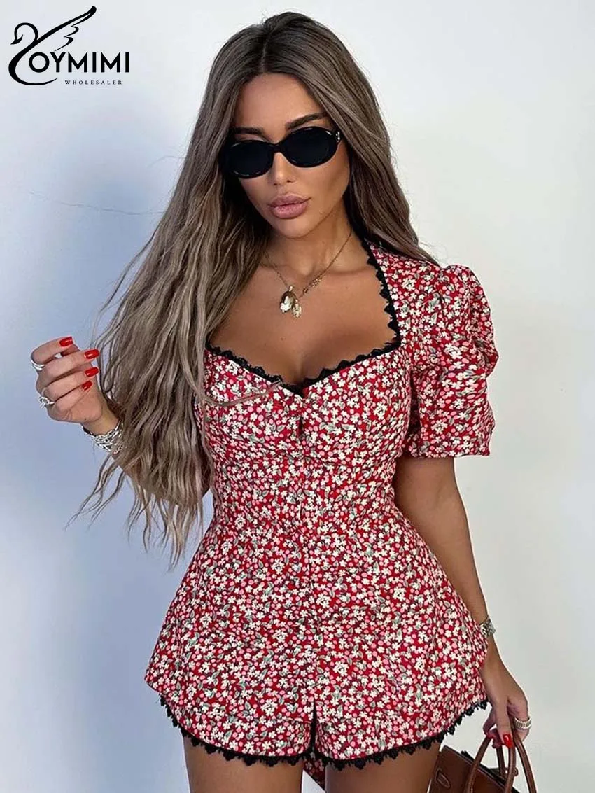 Oymimi Summer Red Print Two Piece Sets For Women Elegant V-Neck Short Sleeve Lace Blouses And High Waisted Shorts Female Sets