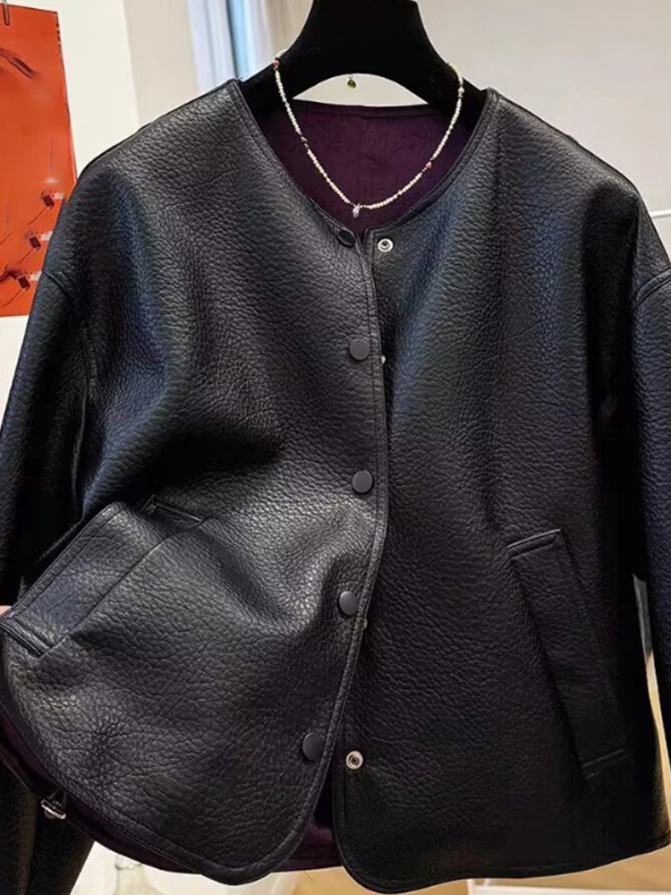 

Retro Lychee Pattern PU Leather Jaet Women's Loose Fit round Ne ort Sle Winter Outerwear Faionable Commute Sle