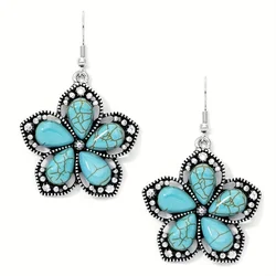 Silvery Flower With Teardrop Turquoise Decor Dangle Earrings Retro Boho Style Zinc Alloy Silver Plated Jewelry Daily Casual