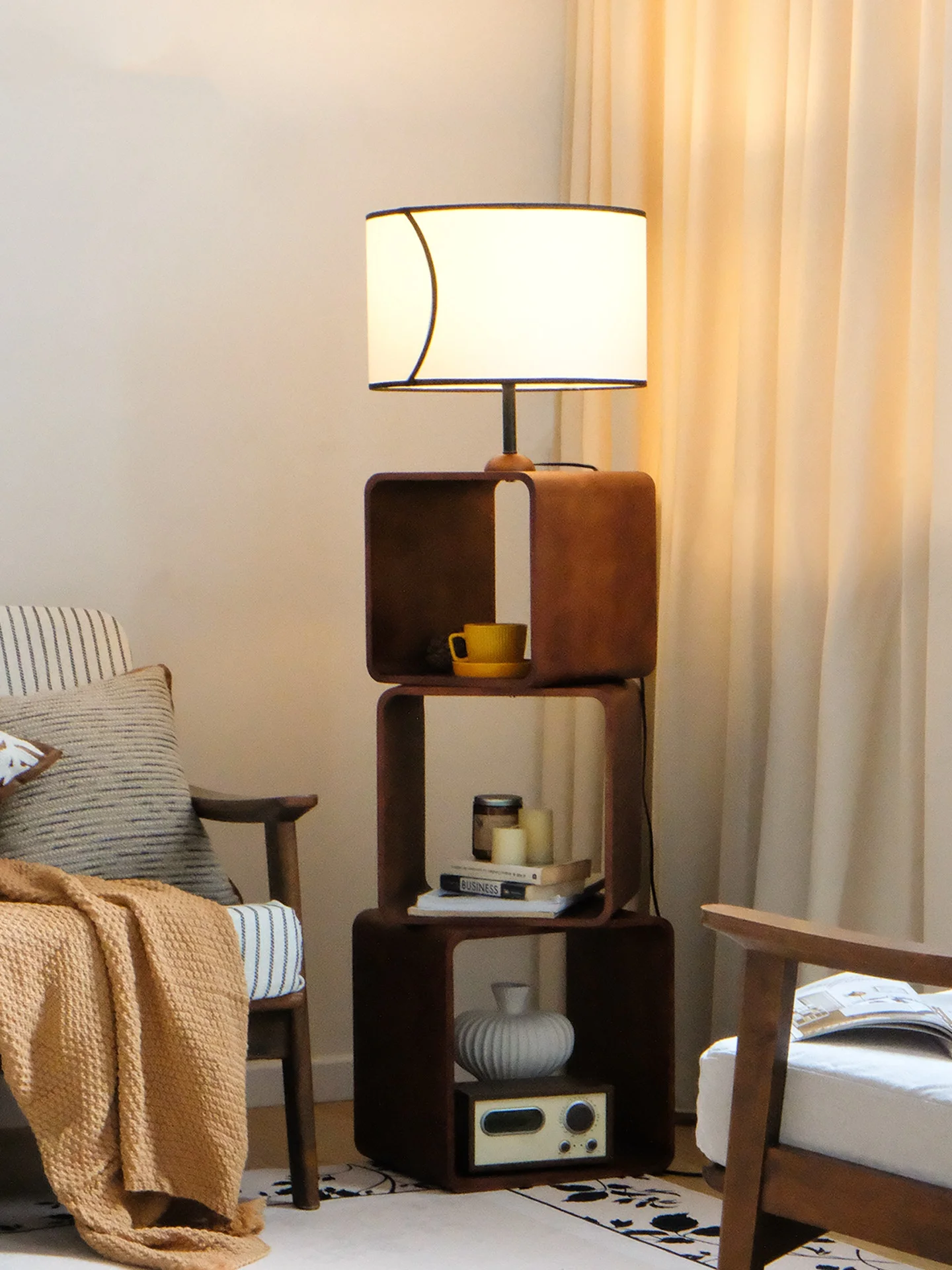 Middle Aged Solid Wood Floor Lamp Living Room Sofas Stand Light Storage Shelves Study Bedroom Bedside Lamp Home Decor Lights LED