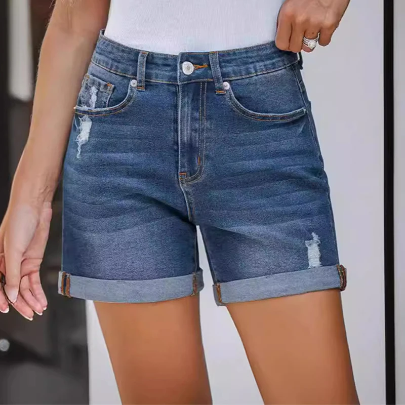

High Street Worn-Out Rolled Women Jean Shorts Summer New Straight Slimming Denim Shorts Korean Fashion Plain Female Hot Pants