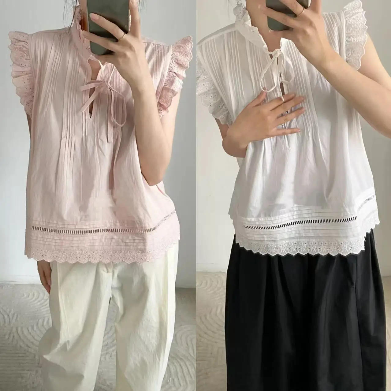 

French Sle Loose Cotton Doll irt with Lace Trimmed Puffy Sves And Bow Tie Sweet Lace Flower Patchwork Women's Top