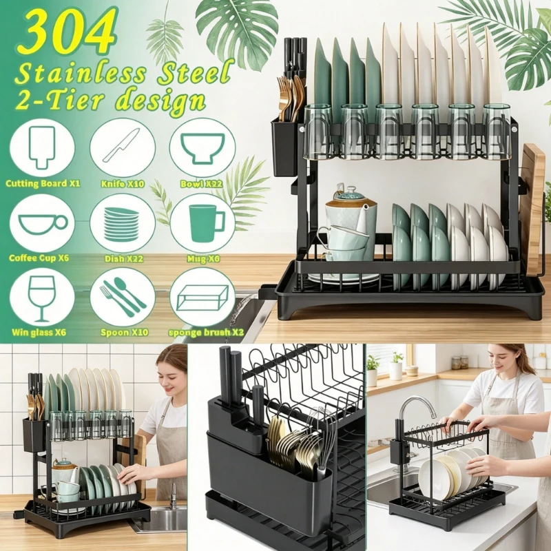 

Двухуровневая металлическая сушилка для посуды, настольная подставка для сушки с поддоном для сбора воды, для установки у раковины и хранения на кухне