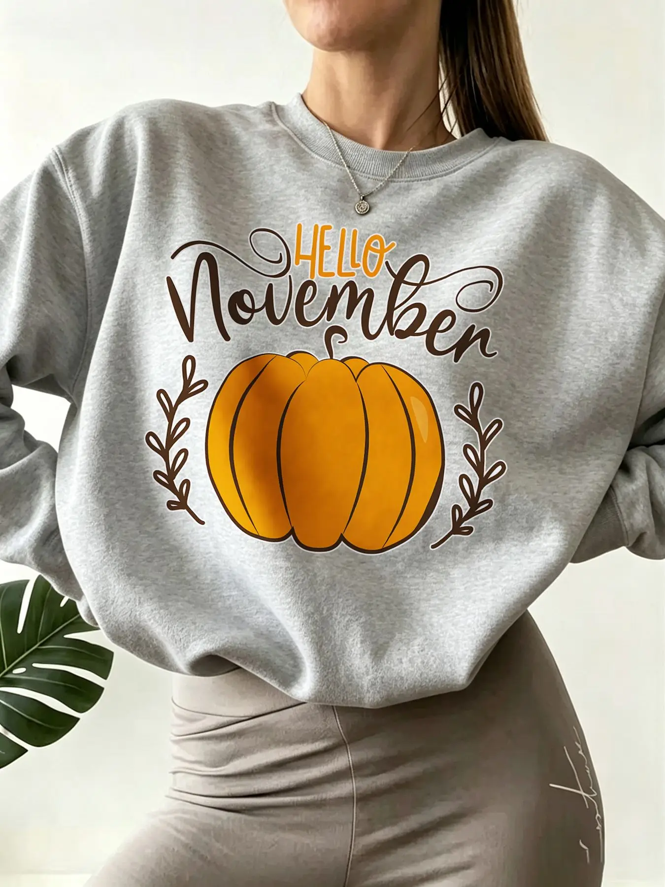 Oversized Women Fall Crewneck Sweatshirt Hello November Pumpkin Leaf Graphic Print Long Sleeve Pullover Autumn Casual Tops