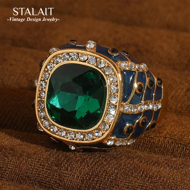 

﻿ Vintage Green Emerald Ring Square Rhinestone Enamel For Women Accessories Open Gold Plated Luxury Quality Jewelry 2025 Trends