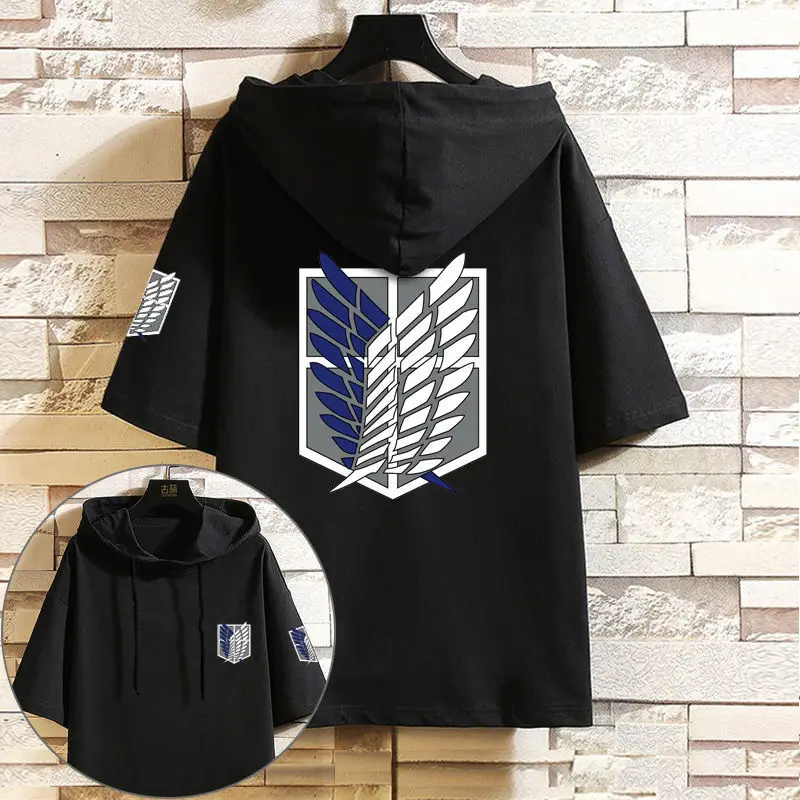 Summer hooded T-shirt short sleeve attack Giant Wings of Freedom anime around casual loose clothing