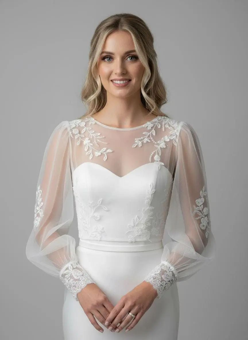 

Индивидуальные свадебные болеро с бисером и кружевными аппликациями, накидки с длинными рукавами, мягкие тюлевые шали, свадебные накидки для невесты, женские жакеты