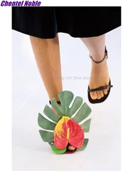 One-Word Strap Sandals Special Asymmetrical Heel Monstera Leaf Anthurium Flower Decoration 2023 New Arrival Shoes For Woman