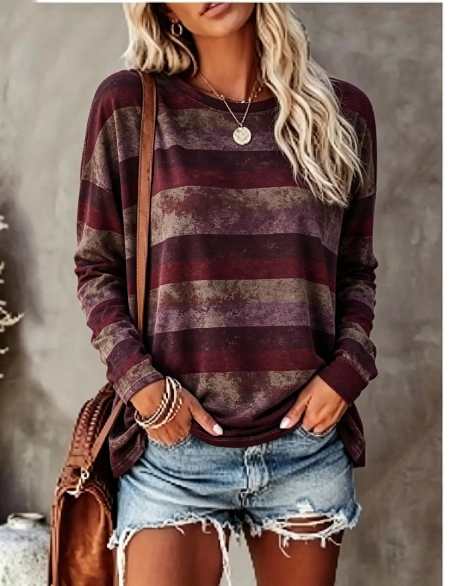 Women Long Sleeve T‑Shirt Vintage Distressed Color Block Stripe Print Crew Neck Casual Fall Tops view 3