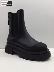 Kobiety splecione z prawdziwej skóry Chelsea Boots grube buty na platformie z okrągłym noskiem buty za kostkę nowe damskie krótkie buty na co dzień