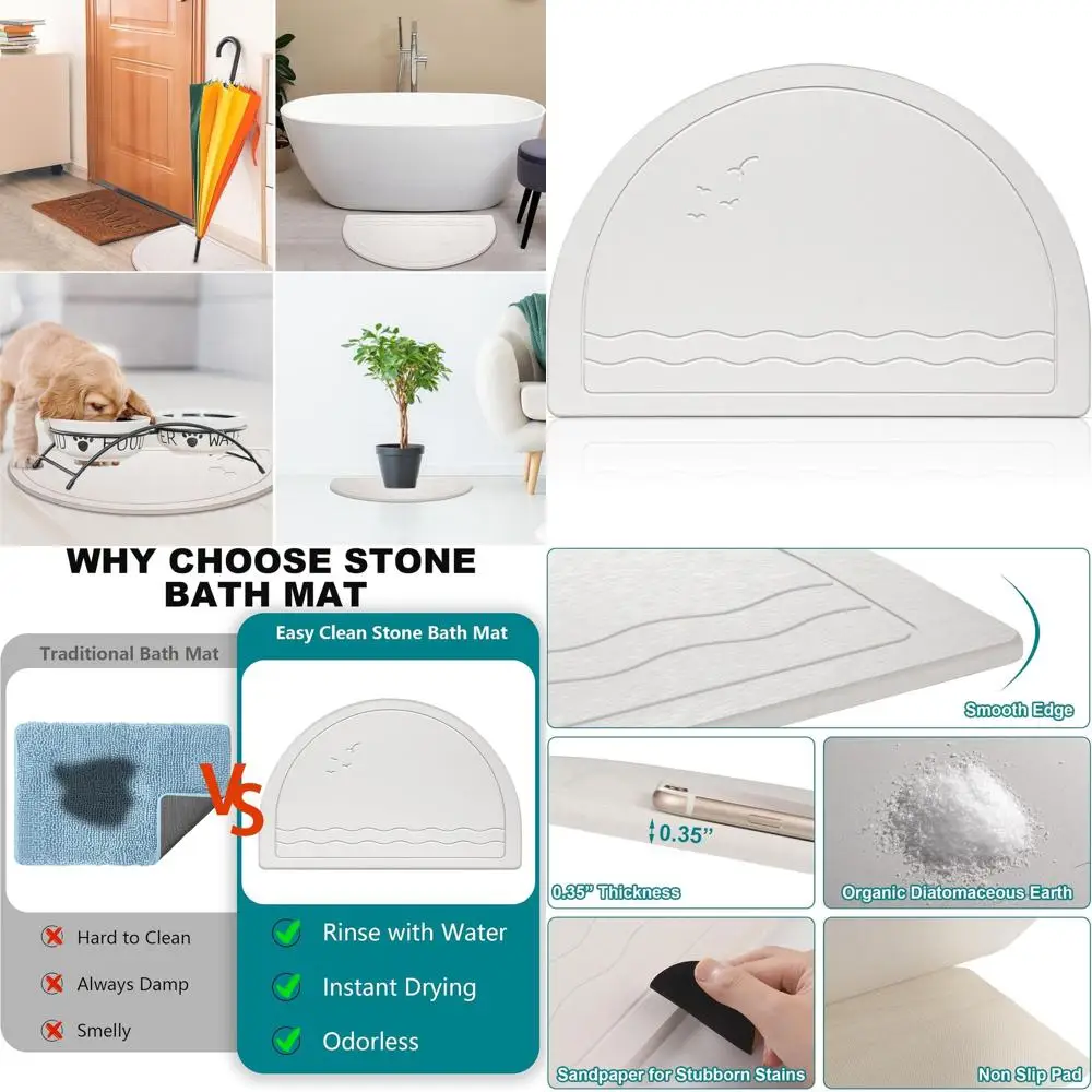 

Half-Round Off-White Diatomaceous Earth Bath Mat - Non-Slip, Quick-Dry, Super Absorbent for Bathroom & Kitchen Counter