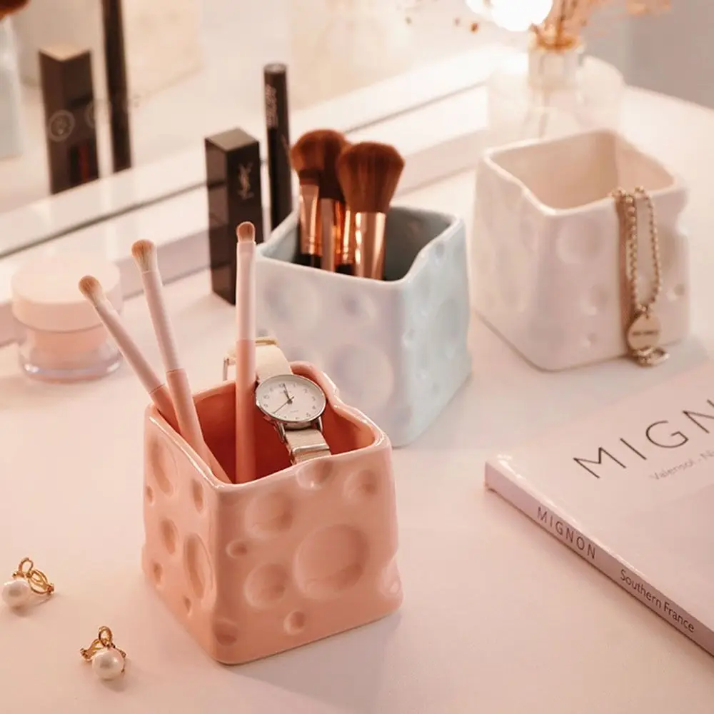 

Cartoon Pen Holder Stationery Organizer Desk Accessories Ceramics Cheese Shape Makeup Brush Storage Bucket