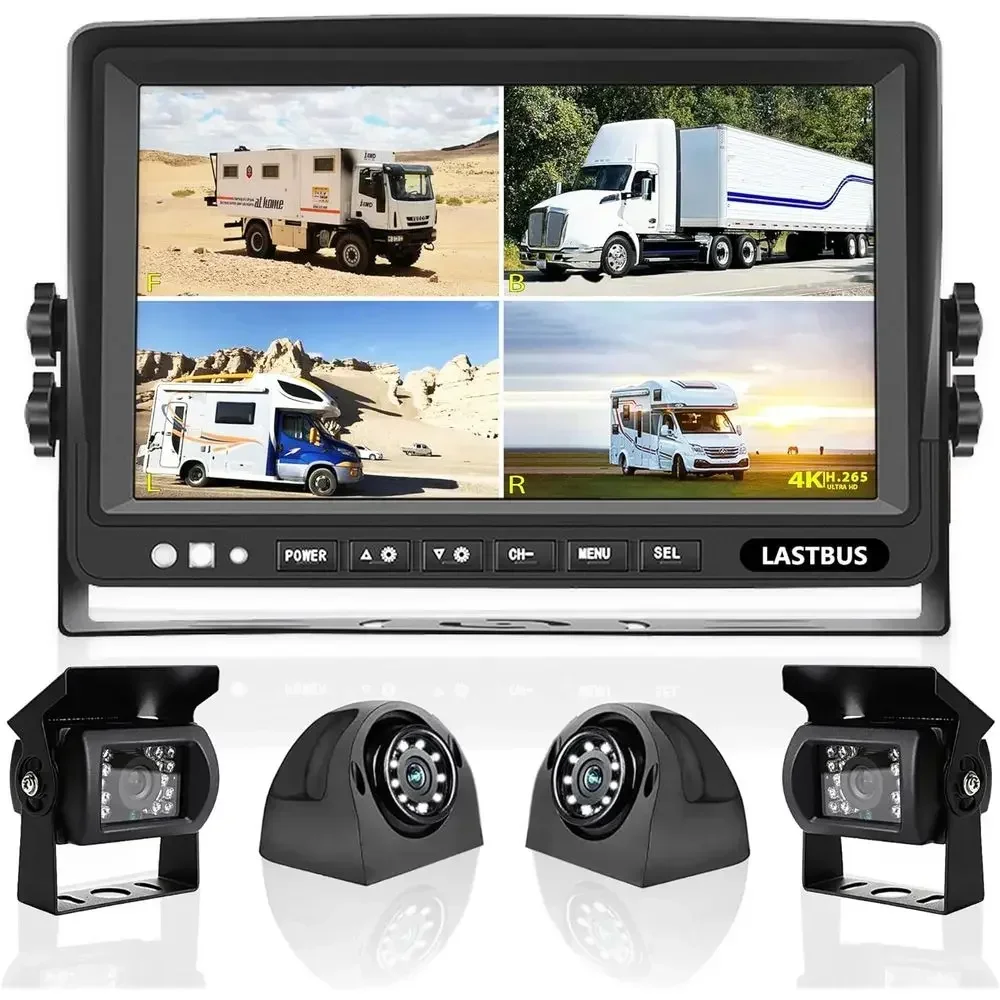 7'' RV Camera System for RV Semi-Truck Trailer Camper, 4 Split Screen Quad View HD DVR Recording Monitor + IP69K Waterproof Nigh