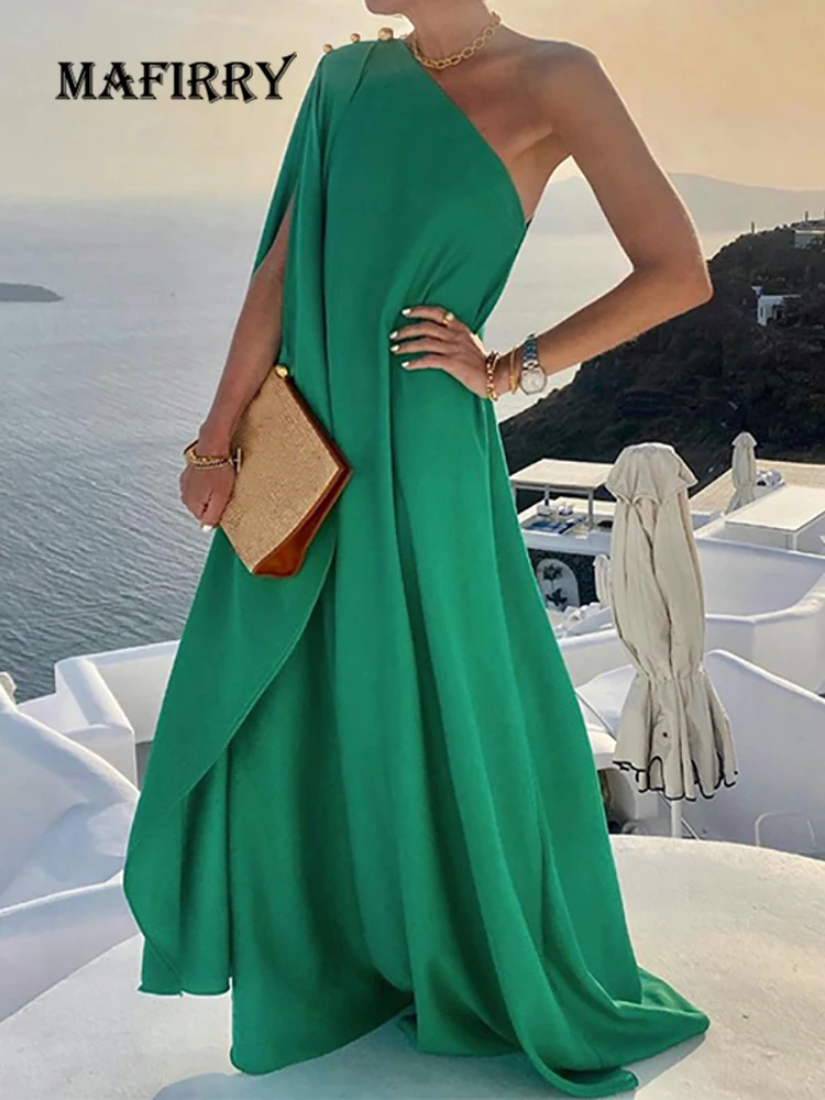 Solid Dresses For Women's 2022 Party Elegant Diagonal Collar Ladies Backless Dress Sleeveless Loose Maxi Dress Summer Vestidos