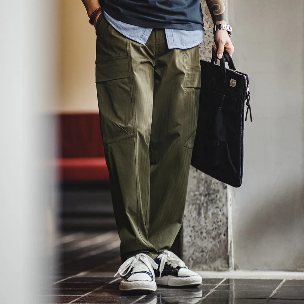 Maden Men's Vintage Multi-pocket Casual Cargo Pants Vibe Herringbone Long Pants Straight Leg Loose Trousers for Spring Autumn