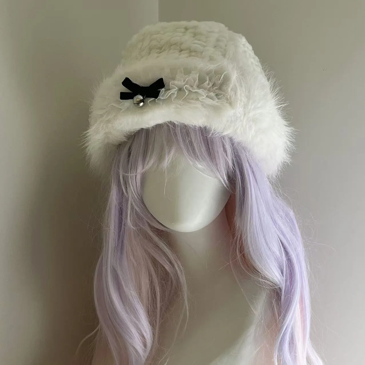 

White Lolita Element Snow Angel Plush Lace Basin Hat Winter With Sweet Bow Bell Cute Warm Fisherman Knitted Hat