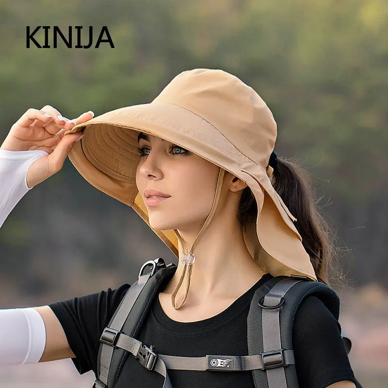 Women Wide Large Brim Sun Hat Bucket Hat Summer Outdoor Fishing Hiking UV Anti Neck Protection Shawl Visor Cap Ladies Hat Bonnet