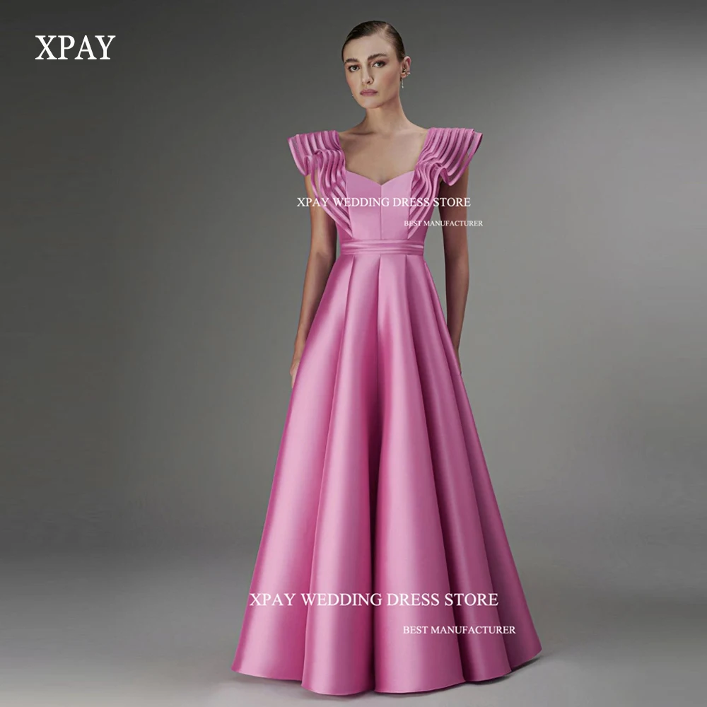 

XPAY Modest Square Collar Party Dresses Satin Short Tiered sleeves Dubai Arabia Women Long Evening Dresses Formal Prom gowns