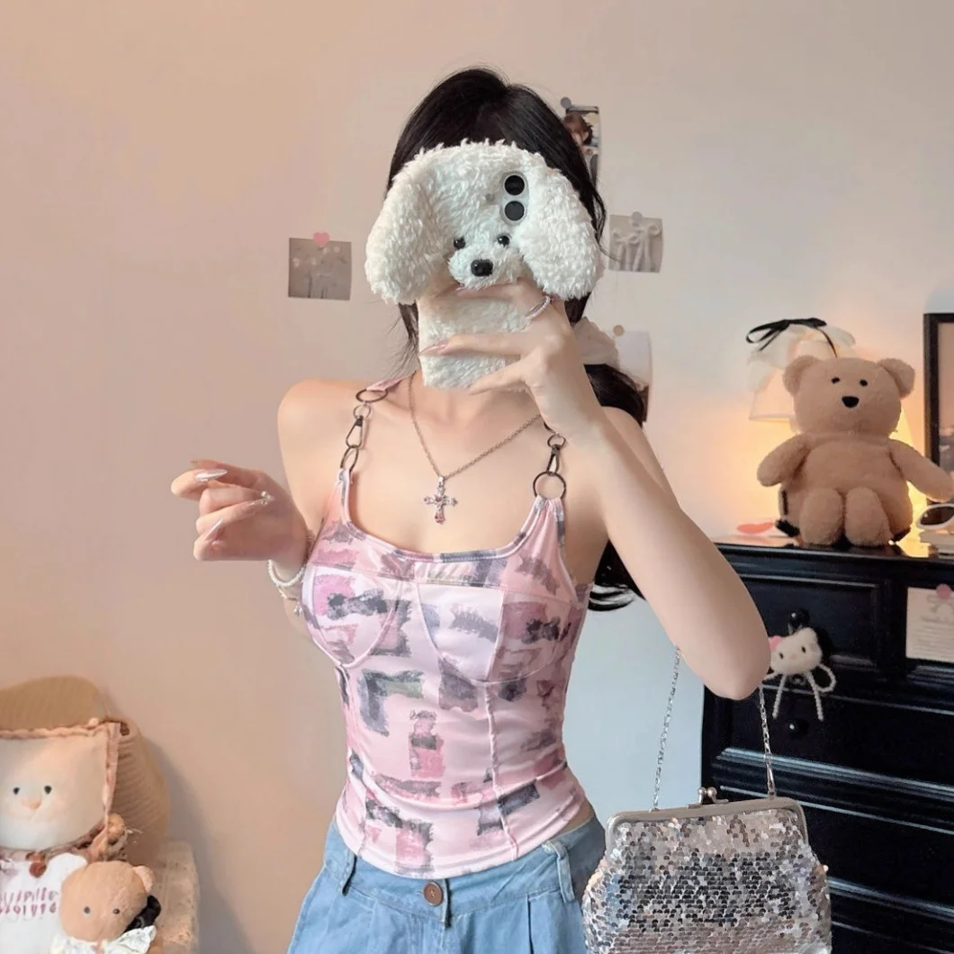 Novedad de verano, chaleco con tirantes estampados en color azul y Metal de seda de hielo Pure Desire Intercomado con almohadilla para el pecho, algodón versátil U-Ne ort...