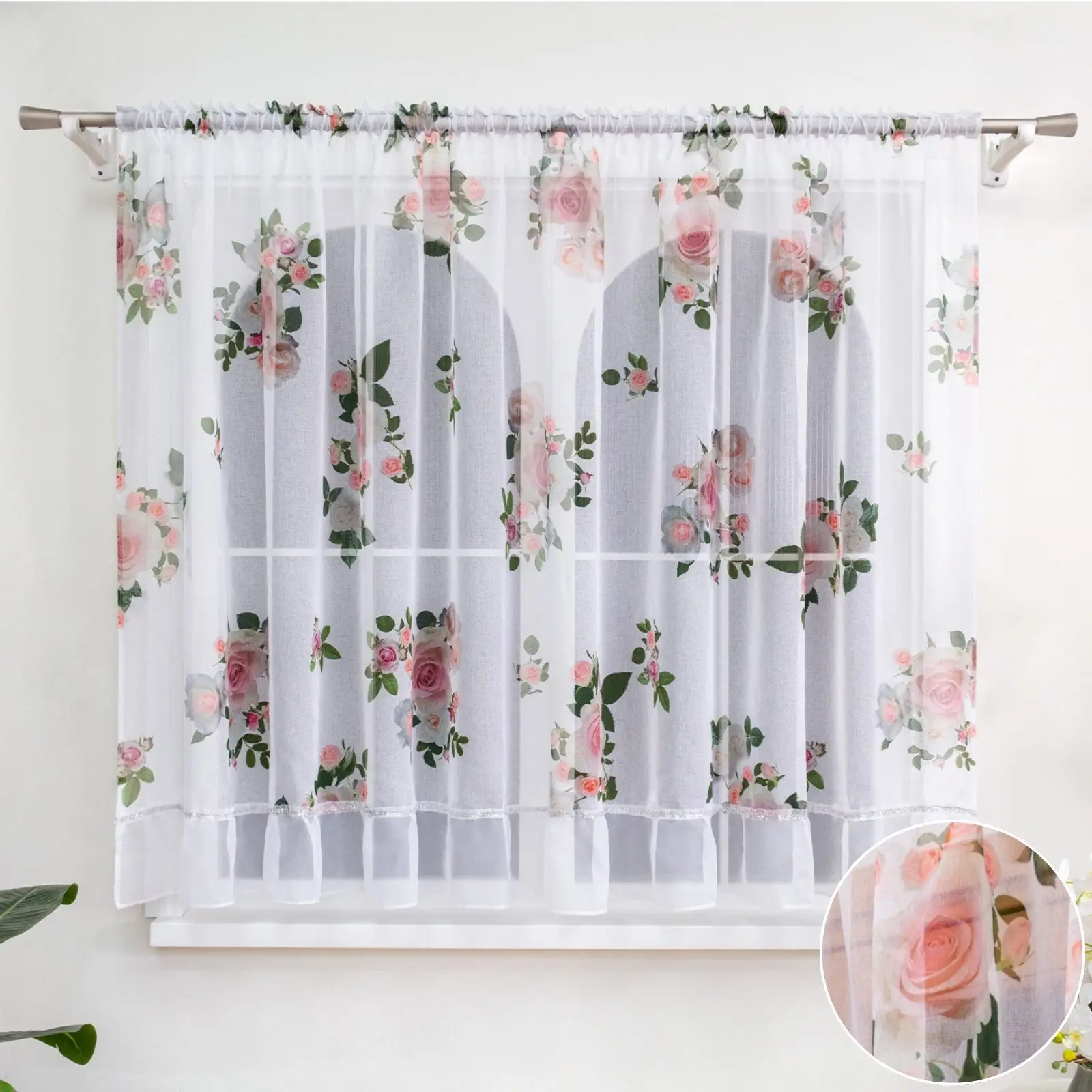 1 Stück Vintage Blumenmuster Transparenter Vorhang, Silberfaden-Saum, Halbtransparenter Vorhang für Wohnzimmer, Tolles Geschenk für Freunde/Eltern
