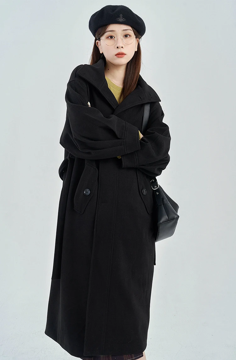 Lady Elegant Wool-like Coat Women Vintage Long Overcoat Black Lapel Jacket Warm Stylish Daily Wear Chic Cold-Season Outfits