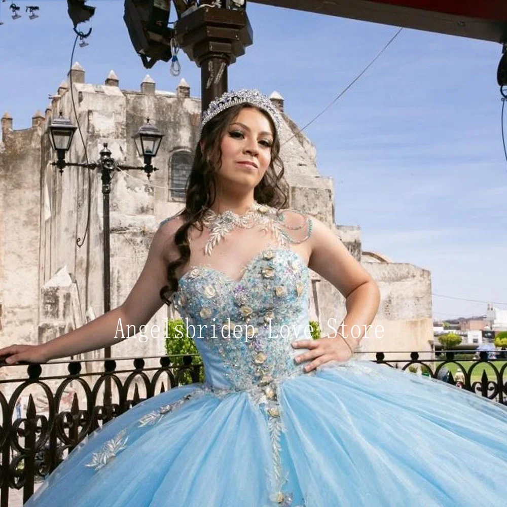 Angelsbridep vestido de baile azul cielo para quinceañera, vestidos para eventos especiales con apliques de cuentas, vestido de fiesta de cumpleaños de princesa