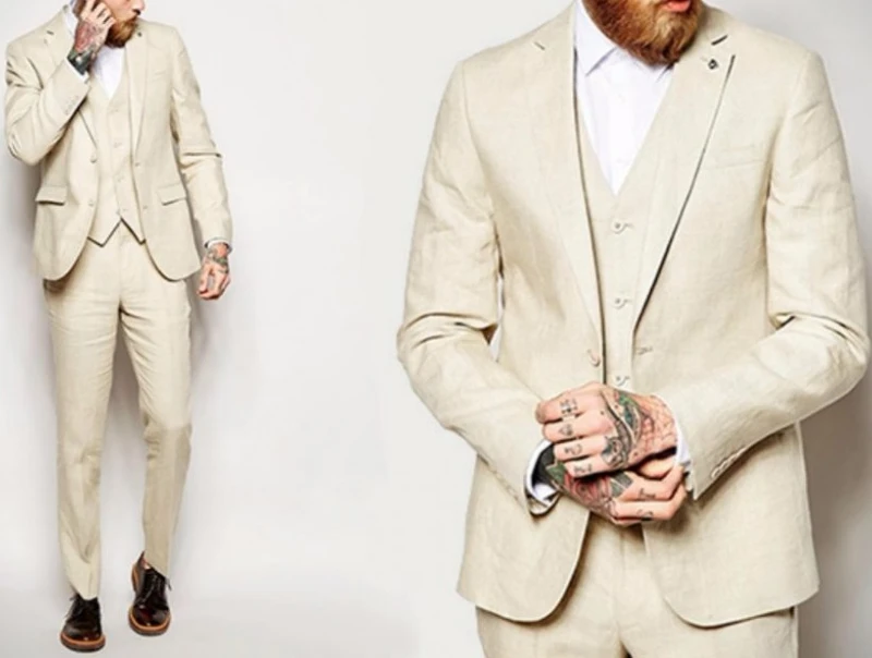 

Beige Linen Wedding suit For Men slim Fit Casual Fashion Slim Fit Male Blazers High Quality 3 Piece Tuxedo Masculino Custom Made