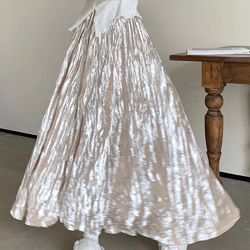 

Luxury Solid Velvet Skirts Woman Summer Autumn Korean A-Line Folds Long Skirts for Women Temperament High Waisted Women's Skirts