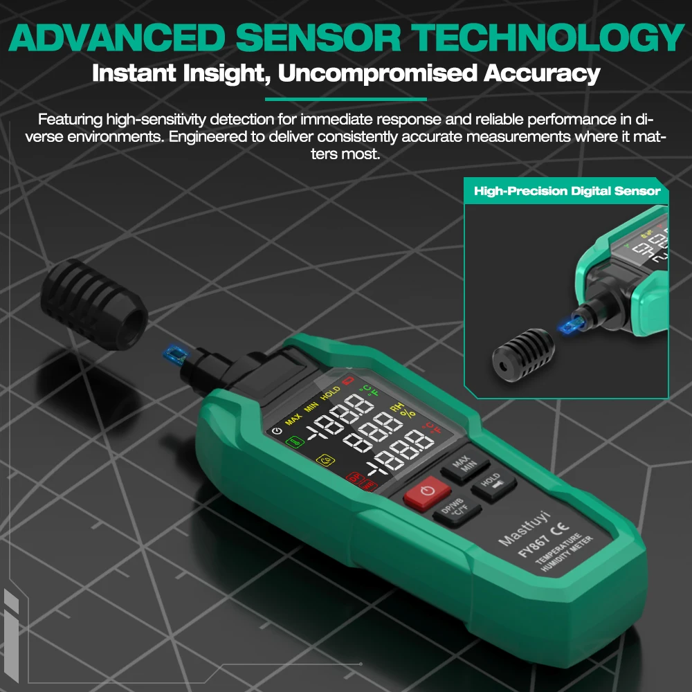 Измеритель температуры и влажности MASTFUYI, цифровой психометр с усовершенствованным датчиком, удержанием данных, точкой росы и влажной лампочкой для домашнего использования
