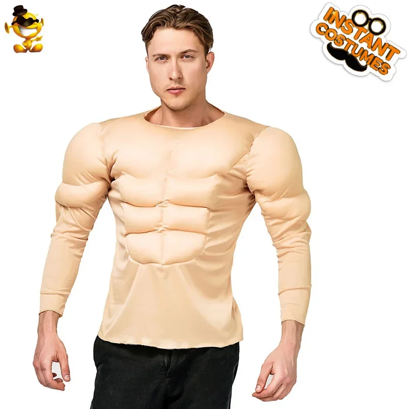 

Adult Muscle Suit Muscle Man Round Neck T-shirt Halloween Cosplay, Men's Solid Color Personality Fake Abs T-shirt Party Costume
