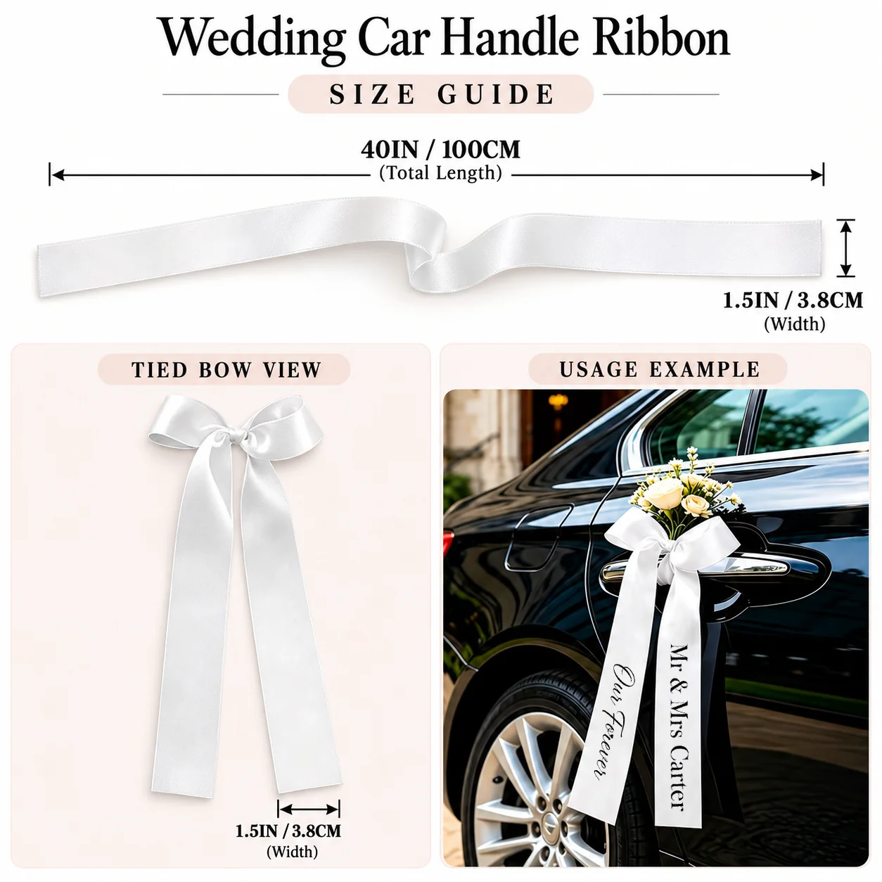 Custom Wedding Car Handle Ribbon, Personalized Text Satin Ribbon 100×3.8cm, Wedding Car Door Decoration
