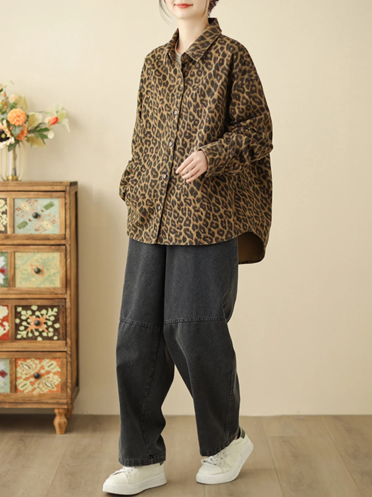 Coupe ample imprimé léopard irt femmes grande taille printemps nouveau Sle Faion vêtements d'extérieur coton Long Sve Henry col mi-long