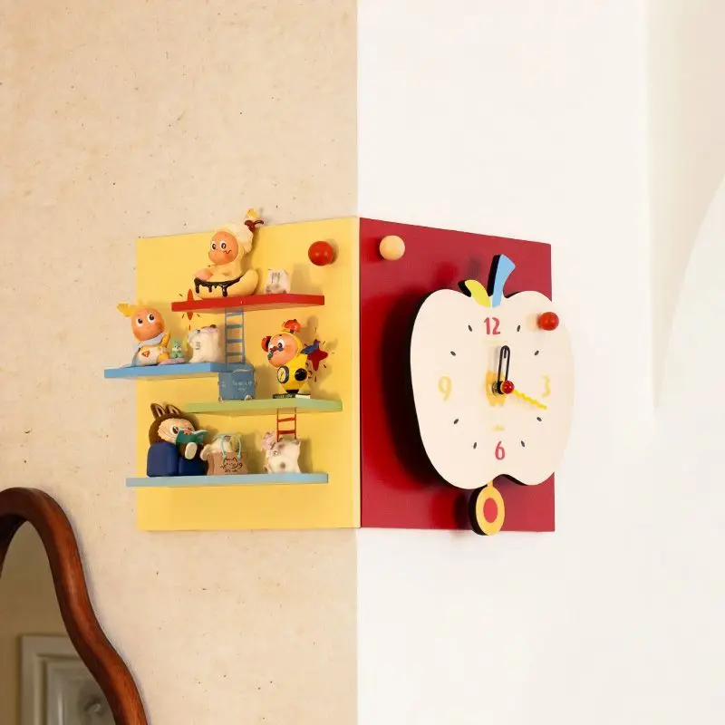 Apple shape corner wall clock creative children's room storage rack decorative wall hanging blind box housewarming birthday gift
