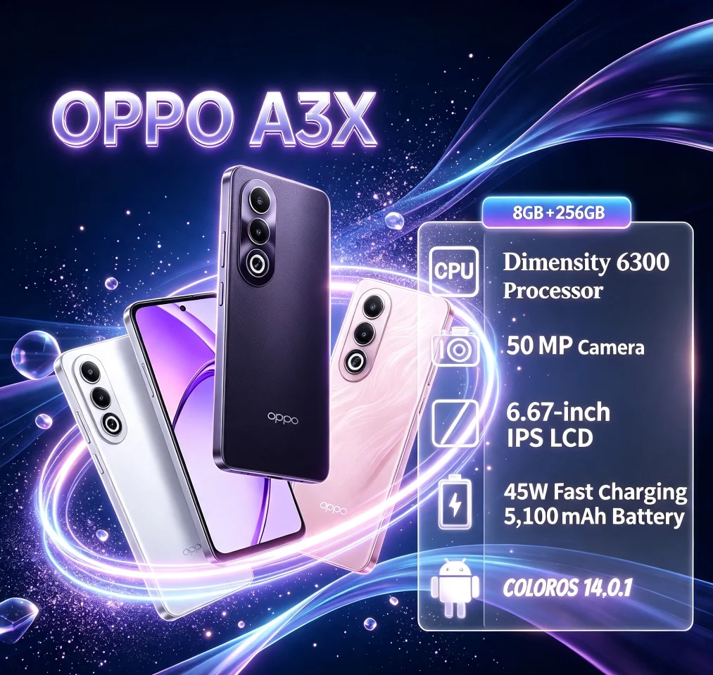Latest 2026 OPPO A3X Unlocked Cellphone 8GB RAM 256GB ROM MediaTek Helio P35 Octa‑Core CPU 6.5'' HD+ Visual DisplayDual 13MP+2MP