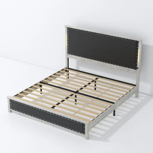 King Size Bed Frame with Upholstered Headboard, King Bed Frame with Charging Station and LED Lights, Wood Slatspromote sales