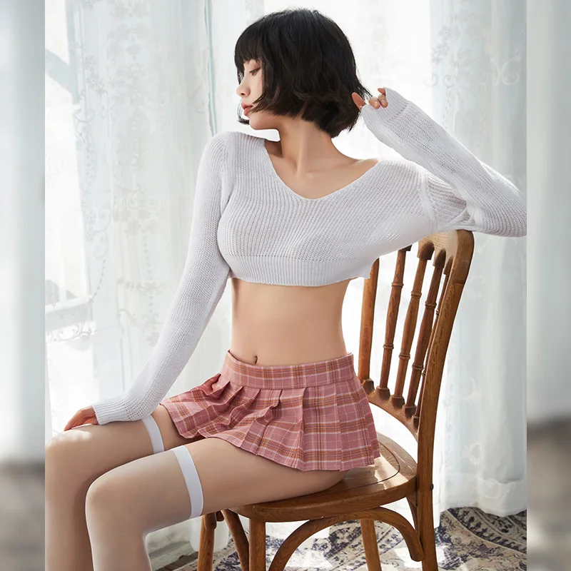 Sexy Sheer Knit Crop Top Lingerie Set Women's Pink Plaid Pleated Mini Skirt + White Thigh High Stockings Roleplay Outfit Cosplay image 3