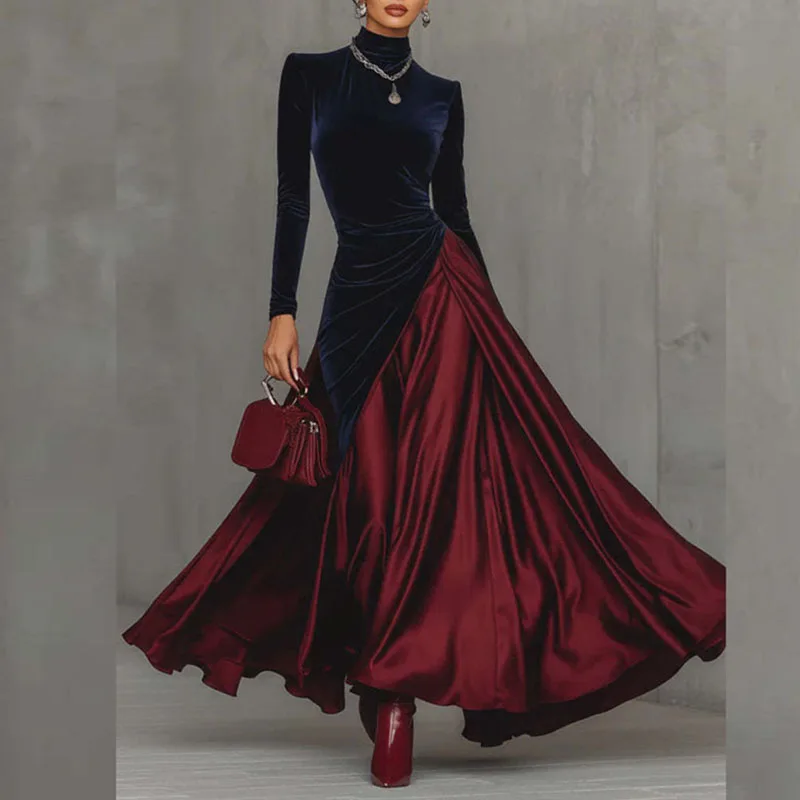 Robe de Banquet à col roulé pour femme, élégante, en velours, Patchwork, Satin plissé, manches longues, style Boho, Maxi, printemps, 2026