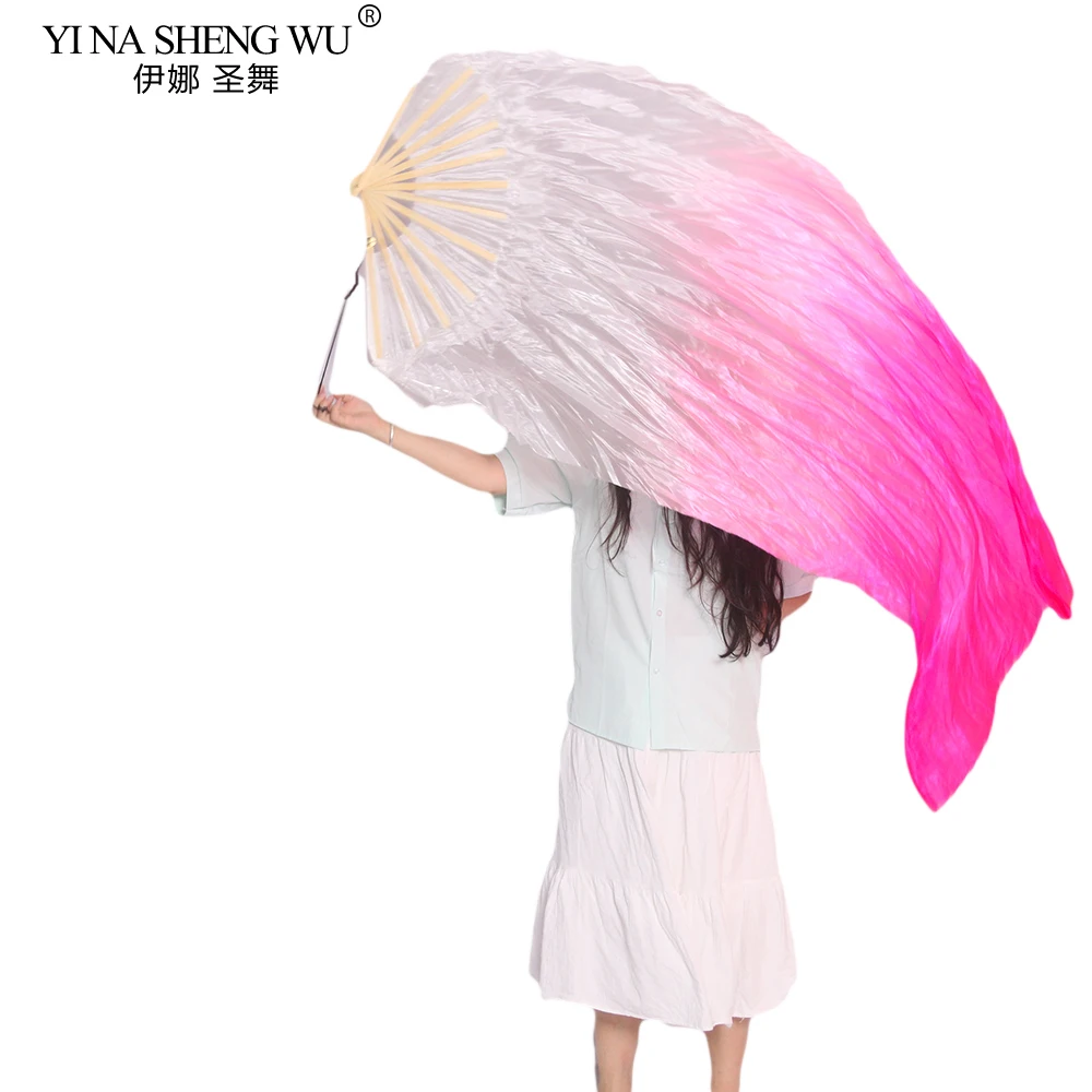 100% Real Silk Fan Veils for Belly DanceFolding Silk Fan Chinese Gradient Hand Made Dyed Fan Tie-dye Rope Throw Swing a Fan