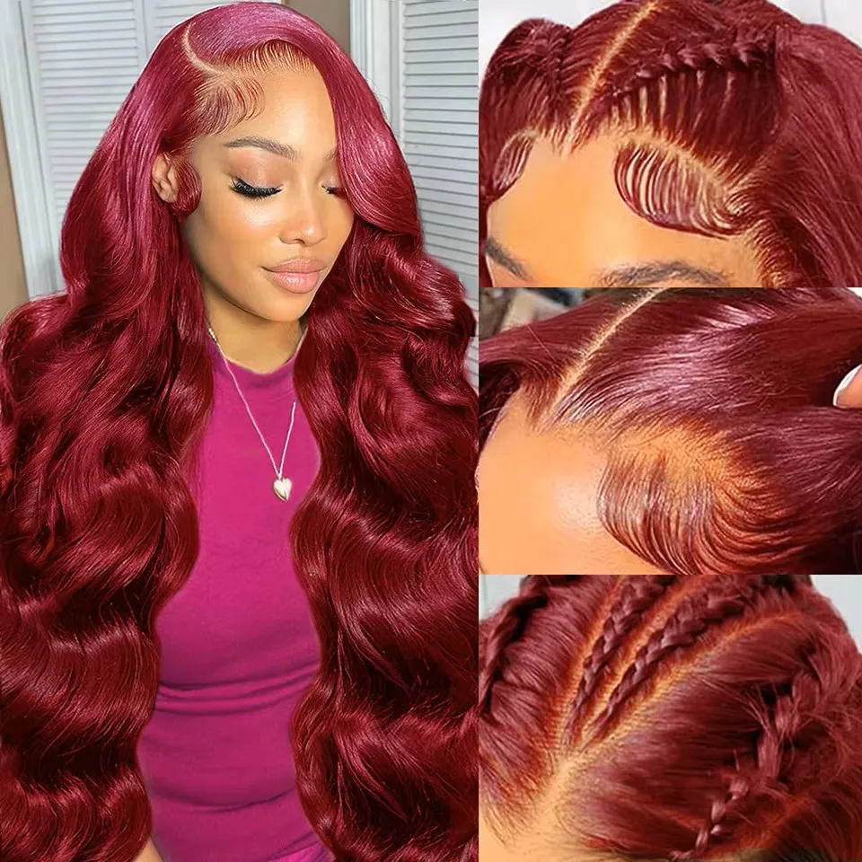 13x6 Burgundy Body Wave Lace Front Wigs 200 Density 13x4 Wavy Human Hair Wig 99J Red Colored Body HD Lace Frontal Wig Remy