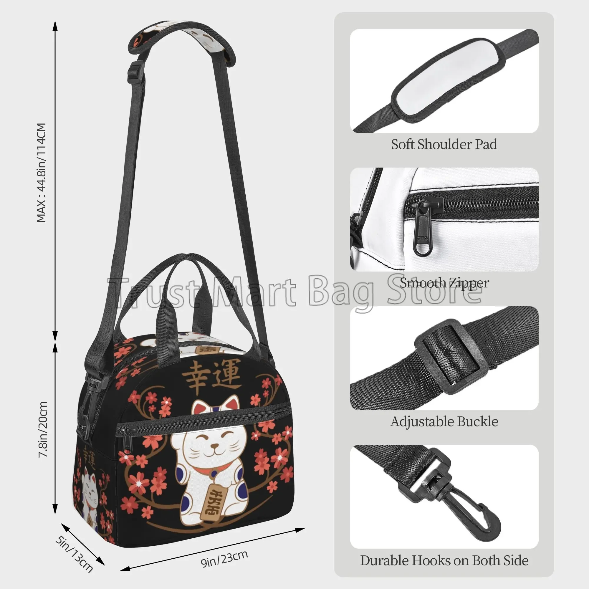Japanese Lucky Cat Lunch Bag for Women Teens Girls Reusable Insulated Lunch Box with Shoulder Strap Waterproof Durable Tote Bag