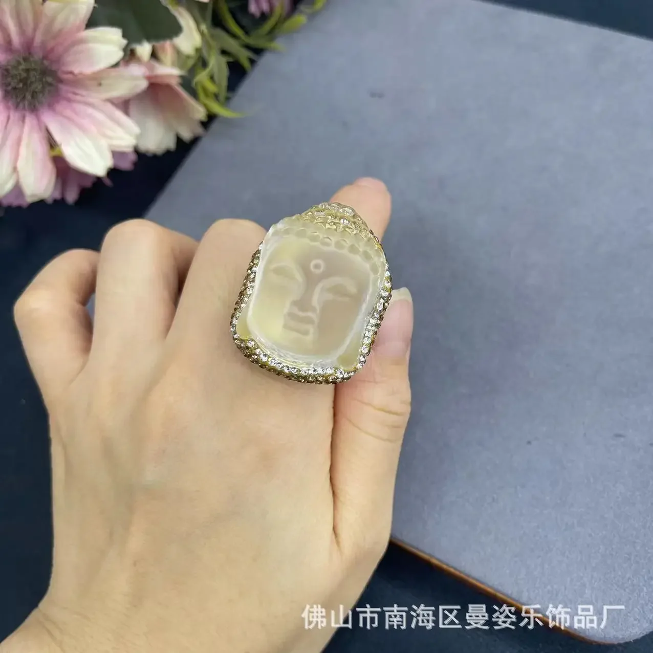 Glazed white crystal Buddha head ring 18K real gold color retention electroplating live mouth adjustable new Chinese jewelry view 4